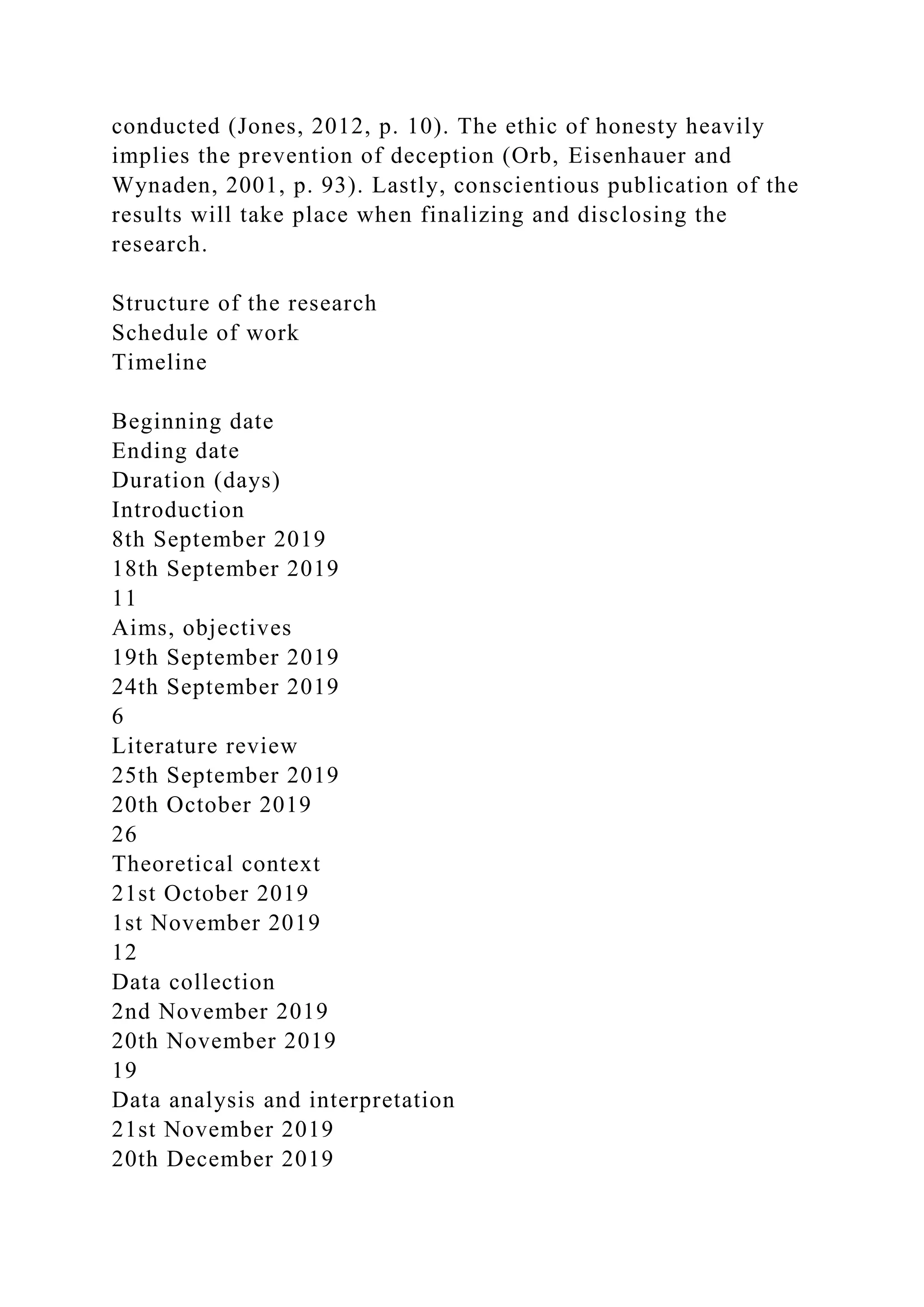 conducted (Jones, 2012, p. 10). The ethic of honesty heavily
implies the prevention of deception (Orb, Eisenhauer and
Wynaden, 2001, p. 93). Lastly, conscientious publication of the
results will take place when finalizing and disclosing the
research.
Structure of the research
Schedule of work
Timeline
Beginning date
Ending date
Duration (days)
Introduction
8th September 2019
18th September 2019
11
Aims, objectives
19th September 2019
24th September 2019
6
Literature review
25th September 2019
20th October 2019
26
Theoretical context
21st October 2019
1st November 2019
12
Data collection
2nd November 2019
20th November 2019
19
Data analysis and interpretation
21st November 2019
20th December 2019
 