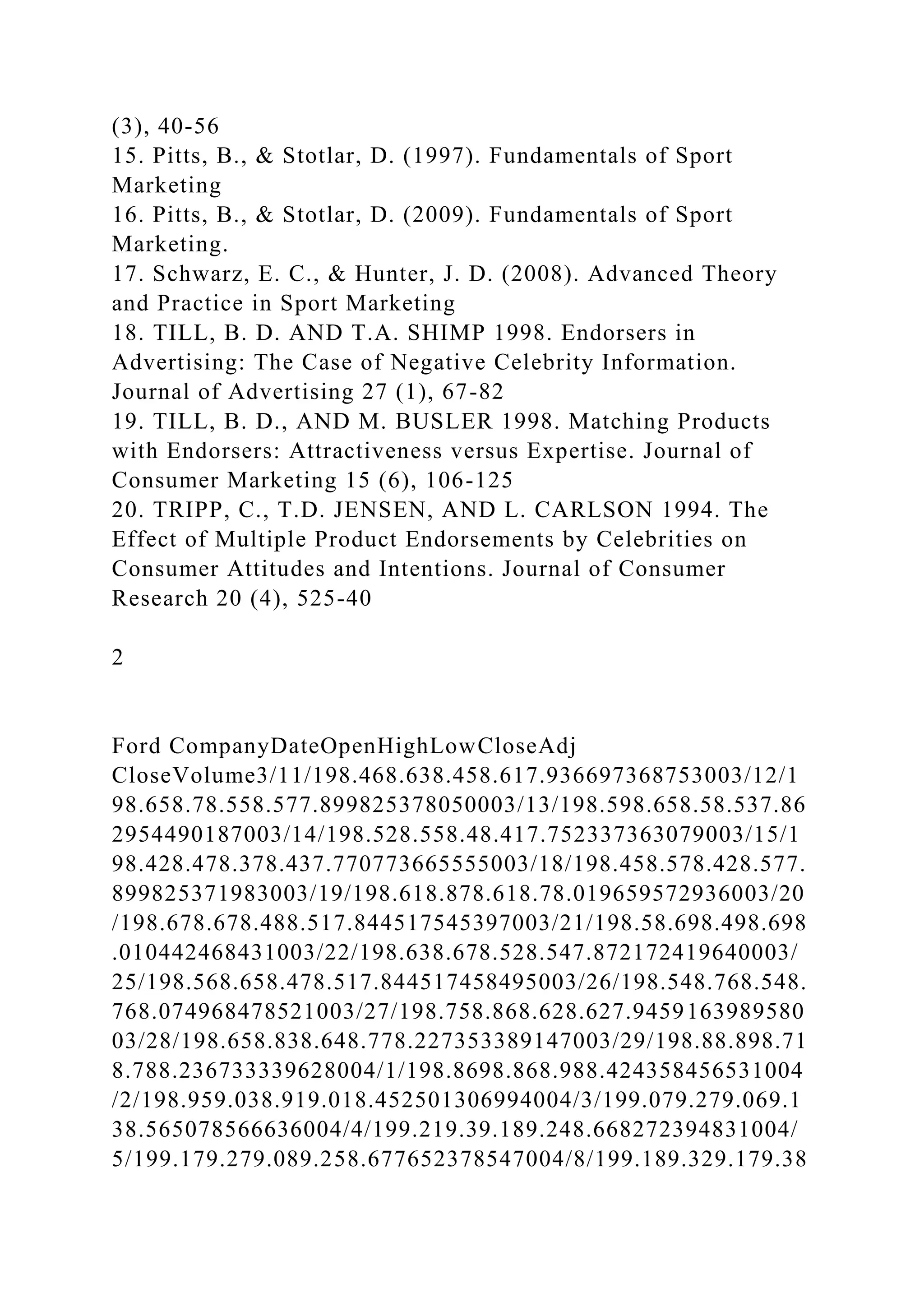 (3), 40-56
15. Pitts, B., & Stotlar, D. (1997). Fundamentals of Sport
Marketing
16. Pitts, B., & Stotlar, D. (2009). Fundamentals of Sport
Marketing.
17. Schwarz, E. C., & Hunter, J. D. (2008). Advanced Theory
and Practice in Sport Marketing
18. TILL, B. D. AND T.A. SHIMP 1998. Endorsers in
Advertising: The Case of Negative Celebrity Information.
Journal of Advertising 27 (1), 67-82
19. TILL, B. D., AND M. BUSLER 1998. Matching Products
with Endorsers: Attractiveness versus Expertise. Journal of
Consumer Marketing 15 (6), 106-125
20. TRIPP, C., T.D. JENSEN, AND L. CARLSON 1994. The
Effect of Multiple Product Endorsements by Celebrities on
Consumer Attitudes and Intentions. Journal of Consumer
Research 20 (4), 525-40
2
Ford CompanyDateOpenHighLowCloseAdj
CloseVolume3/11/198.468.638.458.617.936697368753003/12/1
98.658.78.558.577.899825378050003/13/198.598.658.58.537.86
2954490187003/14/198.528.558.48.417.752337363079003/15/1
98.428.478.378.437.770773665555003/18/198.458.578.428.577.
899825371983003/19/198.618.878.618.78.019659572936003/20
/198.678.678.488.517.844517545397003/21/198.58.698.498.698
.010442468431003/22/198.638.678.528.547.872172419640003/
25/198.568.658.478.517.844517458495003/26/198.548.768.548.
768.074968478521003/27/198.758.868.628.627.9459163989580
03/28/198.658.838.648.778.227353389147003/29/198.88.898.71
8.788.236733339628004/1/198.8698.868.988.424358456531004
/2/198.959.038.919.018.452501306994004/3/199.079.279.069.1
38.565078566636004/4/199.219.39.189.248.668272394831004/
5/199.179.279.089.258.677652378547004/8/199.189.329.179.38
 