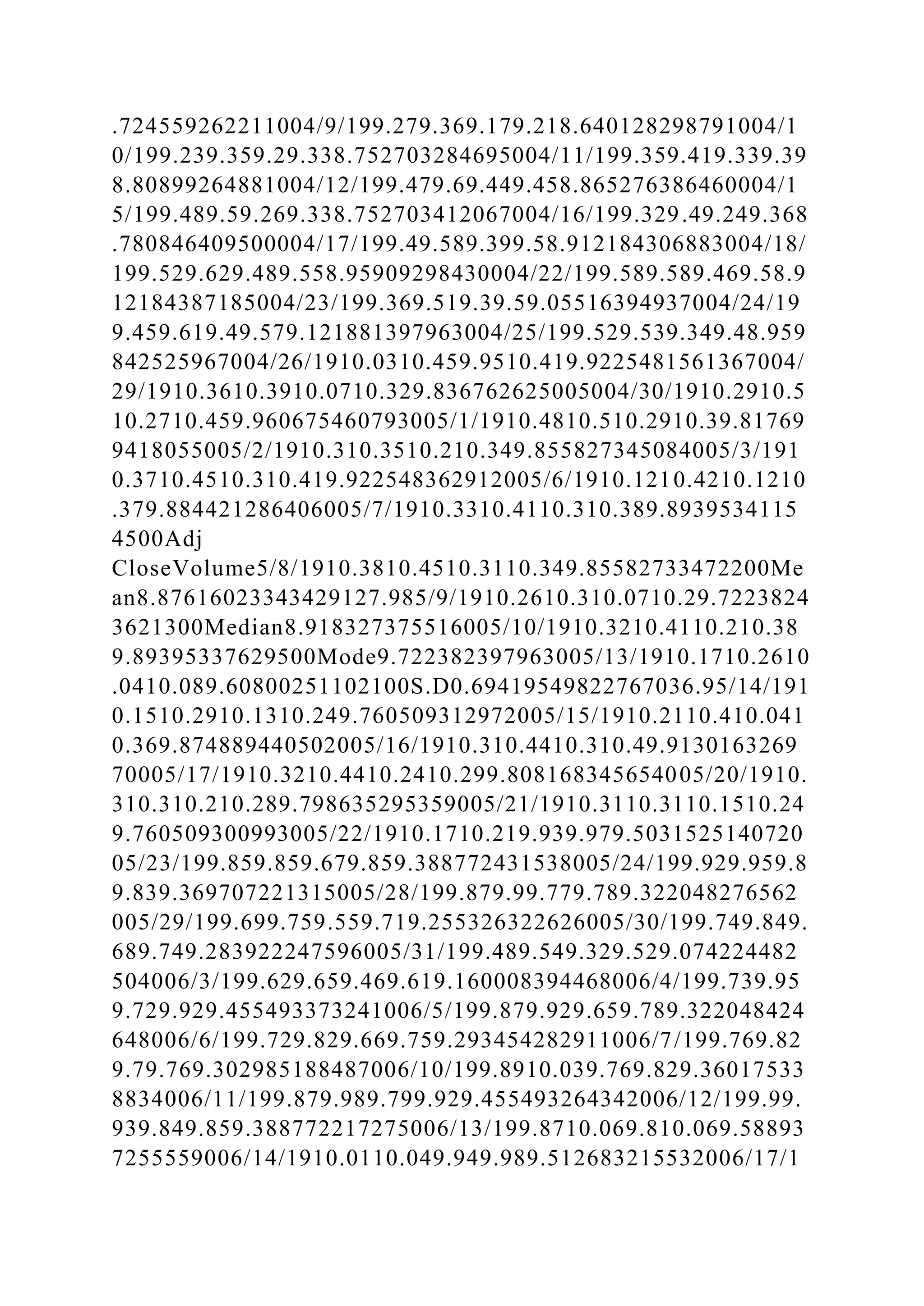 .724559262211004/9/199.279.369.179.218.640128298791004/1
0/199.239.359.29.338.752703284695004/11/199.359.419.339.39
8.80899264881004/12/199.479.69.449.458.865276386460004/1
5/199.489.59.269.338.752703412067004/16/199.329.49.249.368
.780846409500004/17/199.49.589.399.58.912184306883004/18/
199.529.629.489.558.95909298430004/22/199.589.589.469.58.9
12184387185004/23/199.369.519.39.59.05516394937004/24/19
9.459.619.49.579.121881397963004/25/199.529.539.349.48.959
842525967004/26/1910.0310.459.9510.419.9225481561367004/
29/1910.3610.3910.0710.329.836762625005004/30/1910.2910.5
10.2710.459.960675460793005/1/1910.4810.510.2910.39.81769
9418055005/2/1910.310.3510.210.349.855827345084005/3/191
0.3710.4510.310.419.922548362912005/6/1910.1210.4210.1210
.379.884421286406005/7/1910.3310.4110.310.389.8939534115
4500Adj
CloseVolume5/8/1910.3810.4510.3110.349.85582733472200Me
an8.87616023343429127.985/9/1910.2610.310.0710.29.7223824
3621300Median8.918327375516005/10/1910.3210.4110.210.38
9.89395337629500Mode9.722382397963005/13/1910.1710.2610
.0410.089.60800251102100S.D0.69419549822767036.95/14/191
0.1510.2910.1310.249.760509312972005/15/1910.2110.410.041
0.369.874889440502005/16/1910.310.4410.310.49.9130163269
70005/17/1910.3210.4410.2410.299.808168345654005/20/1910.
310.310.210.289.798635295359005/21/1910.3110.3110.1510.24
9.760509300993005/22/1910.1710.219.939.979.5031525140720
05/23/199.859.859.679.859.388772431538005/24/199.929.959.8
9.839.369707221315005/28/199.879.99.779.789.322048276562
005/29/199.699.759.559.719.255326322626005/30/199.749.849.
689.749.283922247596005/31/199.489.549.329.529.074224482
504006/3/199.629.659.469.619.160008394468006/4/199.739.95
9.729.929.455493373241006/5/199.879.929.659.789.322048424
648006/6/199.729.829.669.759.293454282911006/7/199.769.82
9.79.769.302985188487006/10/199.8910.039.769.829.36017533
8834006/11/199.879.989.799.929.455493264342006/12/199.99.
939.849.859.388772217275006/13/199.8710.069.810.069.58893
7255559006/14/1910.0110.049.949.989.512683215532006/17/1
 