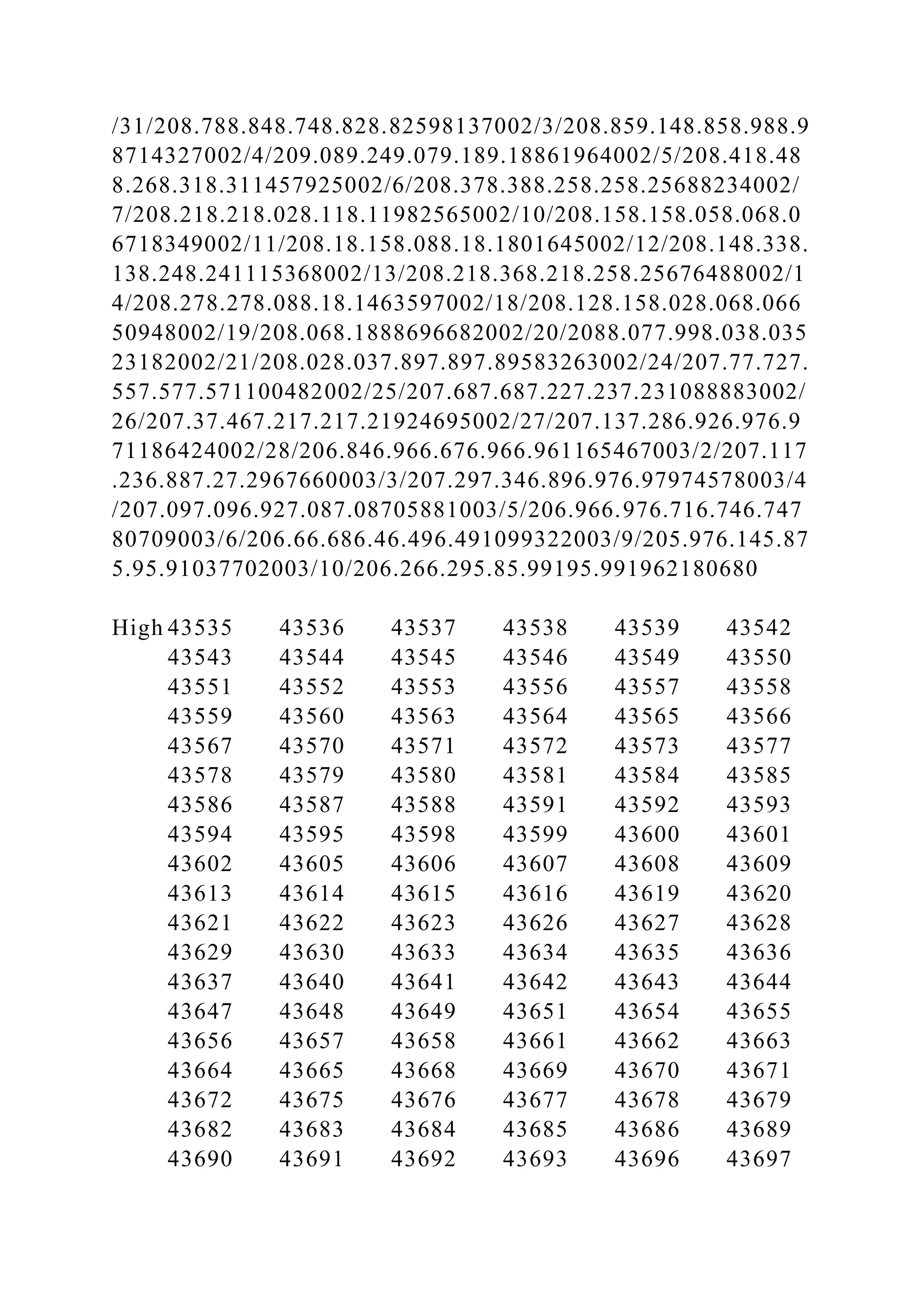/31/208.788.848.748.828.82598137002/3/208.859.148.858.988.9
8714327002/4/209.089.249.079.189.18861964002/5/208.418.48
8.268.318.311457925002/6/208.378.388.258.258.25688234002/
7/208.218.218.028.118.11982565002/10/208.158.158.058.068.0
6718349002/11/208.18.158.088.18.1801645002/12/208.148.338.
138.248.241115368002/13/208.218.368.218.258.25676488002/1
4/208.278.278.088.18.1463597002/18/208.128.158.028.068.066
50948002/19/208.068.1888696682002/20/2088.077.998.038.035
23182002/21/208.028.037.897.897.89583263002/24/207.77.727.
557.577.571100482002/25/207.687.687.227.237.231088883002/
26/207.37.467.217.217.21924695002/27/207.137.286.926.976.9
71186424002/28/206.846.966.676.966.961165467003/2/207.117
.236.887.27.2967660003/3/207.297.346.896.976.97974578003/4
/207.097.096.927.087.08705881003/5/206.966.976.716.746.747
80709003/6/206.66.686.46.496.491099322003/9/205.976.145.87
5.95.91037702003/10/206.266.295.85.99195.991962180680
High 43535 43536 43537 43538 43539 43542
43543 43544 43545 43546 43549 43550
43551 43552 43553 43556 43557 43558
43559 43560 43563 43564 43565 43566
43567 43570 43571 43572 43573 43577
43578 43579 43580 43581 43584 43585
43586 43587 43588 43591 43592 43593
43594 43595 43598 43599 43600 43601
43602 43605 43606 43607 43608 43609
43613 43614 43615 43616 43619 43620
43621 43622 43623 43626 43627 43628
43629 43630 43633 43634 43635 43636
43637 43640 43641 43642 43643 43644
43647 43648 43649 43651 43654 43655
43656 43657 43658 43661 43662 43663
43664 43665 43668 43669 43670 43671
43672 43675 43676 43677 43678 43679
43682 43683 43684 43685 43686 43689
43690 43691 43692 43693 43696 43697
 