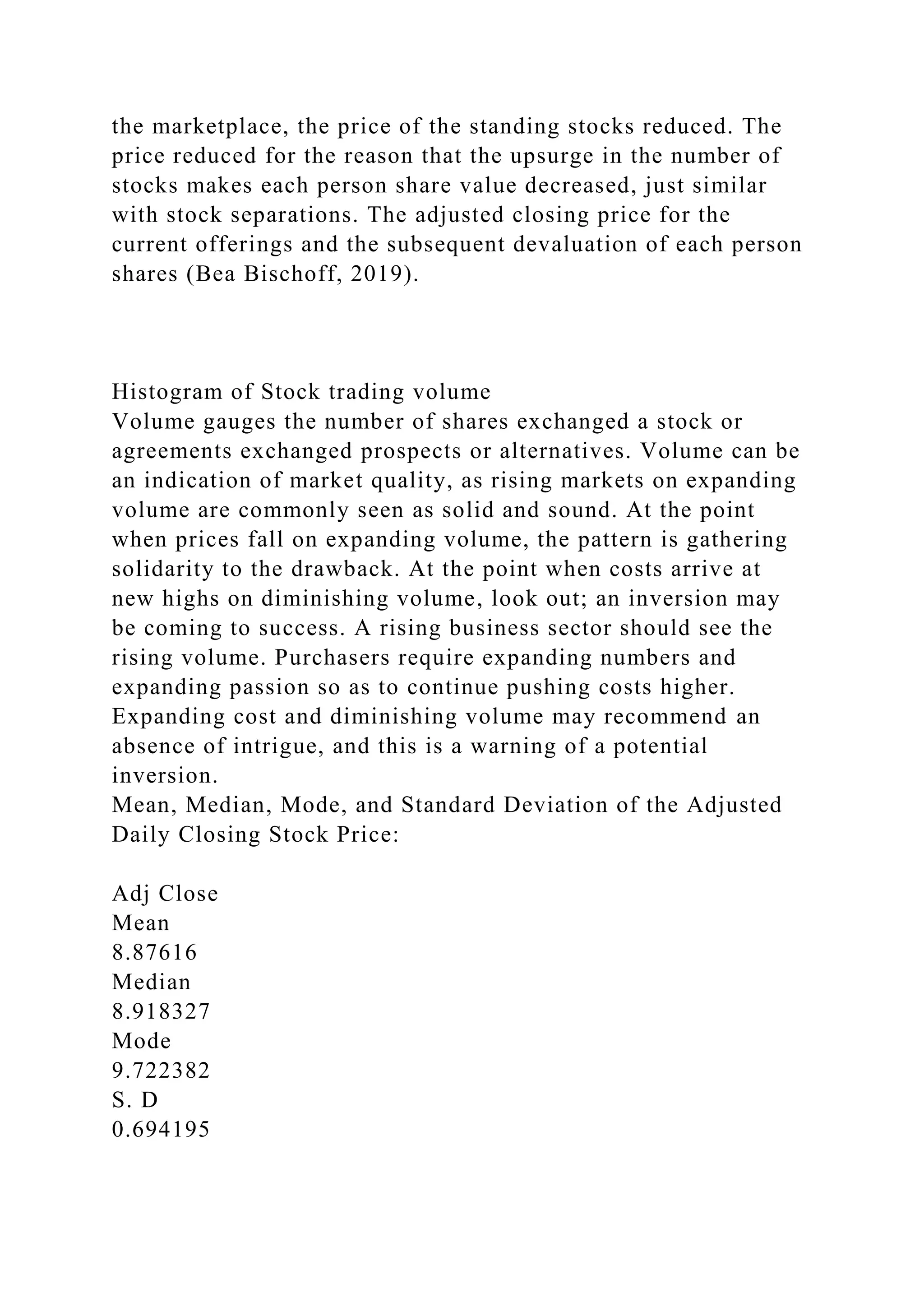the marketplace, the price of the standing stocks reduced. The
price reduced for the reason that the upsurge in the number of
stocks makes each person share value decreased, just similar
with stock separations. The adjusted closing price for the
current offerings and the subsequent devaluation of each person
shares (Bea Bischoff, 2019).
Histogram of Stock trading volume
Volume gauges the number of shares exchanged a stock or
agreements exchanged prospects or alternatives. Volume can be
an indication of market quality, as rising markets on expanding
volume are commonly seen as solid and sound. At the point
when prices fall on expanding volume, the pattern is gathering
solidarity to the drawback. At the point when costs arrive at
new highs on diminishing volume, look out; an inversion may
be coming to success. A rising business sector should see the
rising volume. Purchasers require expanding numbers and
expanding passion so as to continue pushing costs higher.
Expanding cost and diminishing volume may recommend an
absence of intrigue, and this is a warning of a potential
inversion.
Mean, Median, Mode, and Standard Deviation of the Adjusted
Daily Closing Stock Price:
Adj Close
Mean
8.87616
Median
8.918327
Mode
9.722382
S. D
0.694195
 