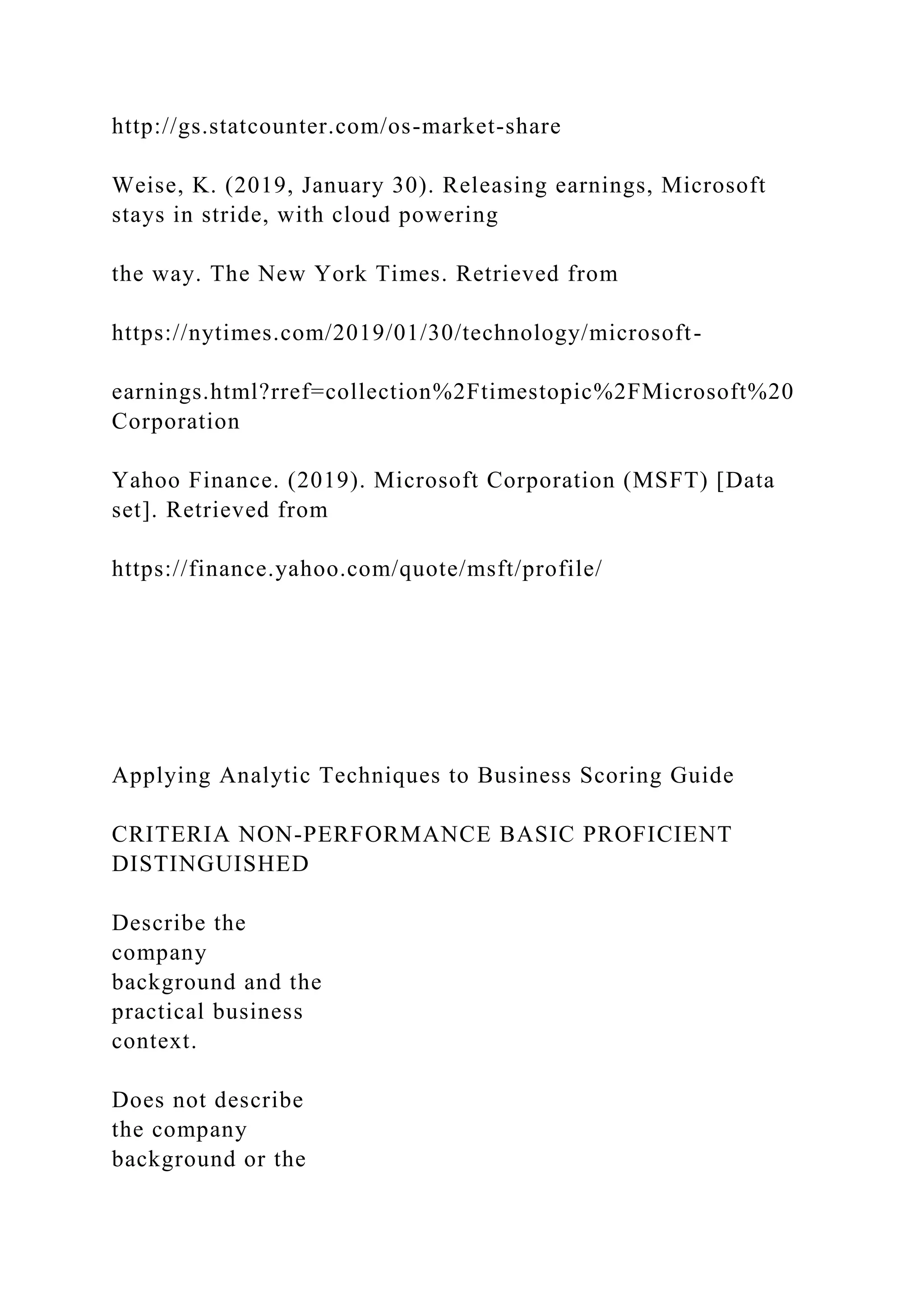http://gs.statcounter.com/os-market-share
Weise, K. (2019, January 30). Releasing earnings, Microsoft
stays in stride, with cloud powering
the way. The New York Times. Retrieved from
https://nytimes.com/2019/01/30/technology/microsoft-
earnings.html?rref=collection%2Ftimestopic%2FMicrosoft%20
Corporation
Yahoo Finance. (2019). Microsoft Corporation (MSFT) [Data
set]. Retrieved from
https://finance.yahoo.com/quote/msft/profile/
Applying Analytic Techniques to Business Scoring Guide
CRITERIA NON-PERFORMANCE BASIC PROFICIENT
DISTINGUISHED
Describe the
company
background and the
practical business
context.
Does not describe
the company
background or the
 