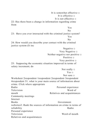 It is somewhat effective □
It is effective □
It is not effective □
22: Has there been a change in information regarding crime
from
Yes
No
23: Have you ever interacted with the criminal justice system?
Yes
No
24: How would you describe your contact with the criminal
justice system (It inc
Negative □
Very Negative □
Neither negative nor positive □
Positive □
Very positive □
25: Supposing the economic situation improved in terms of
salary increment; do
Not really □
Yes □
Not sure □
Worksheet 2respondent 1respondent 2respondent 3respondent
4respondent 51. what is your main source of information about
crime. Click where appropriate
Radio Personal experience
Television Word of
mouth Relatives and acquaintances
Community meetings
Internet
Books Government
websites2: Rank the sources of information on crime in terms of
reliability Radio
Personal experience
Television Word of mouth
Relatives and acquaintances
 