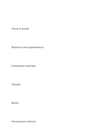 Word of mouth
Relatives and acquaintances
Community meetings
Internet
Books
Government websites
 