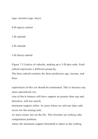 (age, income) (age, buys)
0-D (apex) cuboid
1-D cuboids
2-D cuboids
3-D (base) cuboid
Figure 7.5 Lattice of cuboids, making up a 3-D data cube. Each
cuboid represents a different group-by.
The base cuboid contains the three predicates age, income, and
buys.
exploration of this set should be terminated. This is because any
more-specialized ver-
sion of the k-itemset will have support no greater than sup and,
therefore, will not satisfy
minimum support either. In cases where no relevant data cube
exists for the mining task,
we must create one on-the-fly. This becomes an iceberg cube
computation problem,
where the minimum support threshold is taken as the iceberg
 