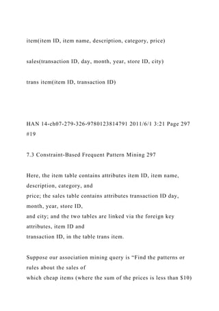 item(item ID, item name, description, category, price)
sales(transaction ID, day, month, year, store ID, city)
trans item(item ID, transaction ID)
HAN 14-ch07-279-326-9780123814791 2011/6/1 3:21 Page 297
#19
7.3 Constraint-Based Frequent Pattern Mining 297
Here, the item table contains attributes item ID, item name,
description, category, and
price; the sales table contains attributes transaction ID day,
month, year, store ID,
and city; and the two tables are linked via the foreign key
attributes, item ID and
transaction ID, in the table trans item.
Suppose our association mining query is “Find the patterns or
rules about the sales of
which cheap items (where the sum of the prices is less than $10)
 