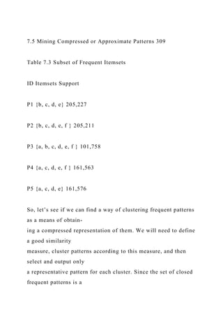 7.5 Mining Compressed or Approximate Patterns 309
Table 7.3 Subset of Frequent Itemsets
ID Itemsets Support
P1 {b, c, d, e} 205,227
P2 {b, c, d, e, f } 205,211
P3 {a, b, c, d, e, f } 101,758
P4 {a, c, d, e, f } 161,563
P5 {a, c, d, e} 161,576
So, let’s see if we can find a way of clustering frequent patterns
as a means of obtain-
ing a compressed representation of them. We will need to define
a good similarity
measure, cluster patterns according to this measure, and then
select and output only
a representative pattern for each cluster. Since the set of closed
frequent patterns is a
 