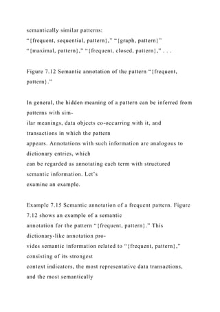 semantically similar patterns:
“{frequent, sequential, pattern},” “{graph, pattern}”
“{maximal, pattern},” “{frequent, closed, pattern},” . . .
Figure 7.12 Semantic annotation of the pattern “{frequent,
pattern}.”
In general, the hidden meaning of a pattern can be inferred from
patterns with sim-
ilar meanings, data objects co-occurring with it, and
transactions in which the pattern
appears. Annotations with such information are analogous to
dictionary entries, which
can be regarded as annotating each term with structured
semantic information. Let’s
examine an example.
Example 7.15 Semantic annotation of a frequent pattern. Figure
7.12 shows an example of a semantic
annotation for the pattern “{frequent, pattern}.” This
dictionary-like annotation pro-
vides semantic information related to “{frequent, pattern},”
consisting of its strongest
context indicators, the most representative data transactions,
and the most semantically
 
