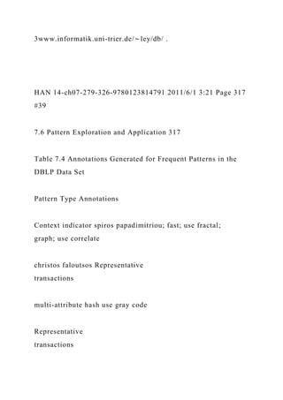 3www.informatik.uni-trier.de/∼ley/db/ .
HAN 14-ch07-279-326-9780123814791 2011/6/1 3:21 Page 317
#39
7.6 Pattern Exploration and Application 317
Table 7.4 Annotations Generated for Frequent Patterns in the
DBLP Data Set
Pattern Type Annotations
Context indicator spiros papadimitriou; fast; use fractal;
graph; use correlate
christos faloutsos Representative
transactions
multi-attribute hash use gray code
Representative
transactions
 