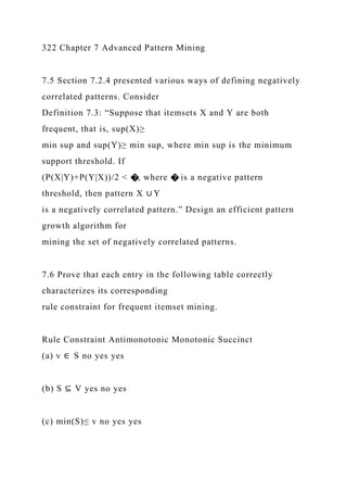 322 Chapter 7 Advanced Pattern Mining
7.5 Section 7.2.4 presented various ways of defining negatively
correlated patterns. Consider
Definition 7.3: “Suppose that itemsets X and Y are both
frequent, that is, sup(X)≥
min sup and sup(Y)≥ min sup, where min sup is the minimum
support threshold. If
(P(X|Y)+P(Y|X))/2 < �, where � is a negative pattern
threshold, then pattern X ∪ Y
is a negatively correlated pattern.” Design an efficient pattern
growth algorithm for
mining the set of negatively correlated patterns.
7.6 Prove that each entry in the following table correctly
characterizes its corresponding
rule constraint for frequent itemset mining.
Rule Constraint Antimonotonic Monotonic Succinct
(a) v ∈ S no yes yes
(b) S ⊆ V yes no yes
(c) min(S)≤ v no yes yes
 