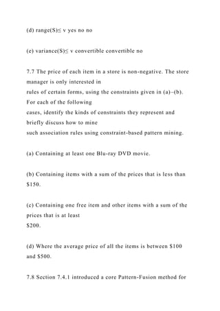 (d) range(S)≤ v yes no no
(e) variance(S)≤ v convertible convertible no
7.7 The price of each item in a store is non-negative. The store
manager is only interested in
rules of certain forms, using the constraints given in (a)–(b).
For each of the following
cases, identify the kinds of constraints they represent and
briefly discuss how to mine
such association rules using constraint-based pattern mining.
(a) Containing at least one Blu-ray DVD movie.
(b) Containing items with a sum of the prices that is less than
$150.
(c) Containing one free item and other items with a sum of the
prices that is at least
$200.
(d) Where the average price of all the items is between $100
and $500.
7.8 Section 7.4.1 introduced a core Pattern-Fusion method for
 