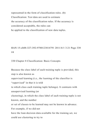 represented in the form of classification rules. (b)
Classification: Test data are used to estimate
the accuracy of the classification rules. If the accuracy is
considered acceptable, the rules can
be applied to the classification of new data tuples.
HAN 15-ch08-327-392-9780123814791 2011/6/1 3:21 Page 330
#4
330 Chapter 8 Classification: Basic Concepts
Because the class label of each training tuple is provided, this
step is also known as
supervised learning (i.e., the learning of the classifier is
“supervised” in that it is told
to which class each training tuple belongs). It contrasts with
unsupervised learning (or
clustering), in which the class label of each training tuple is not
known, and the number
or set of classes to be learned may not be known in advance.
For example, if we did not
have the loan decision data available for the training set, we
could use clustering to try to
 
