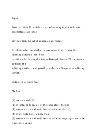 Input:
Data partition, D, which is a set of training tuples and their
associated class labels;
attribute list, the set of candidate attributes;
Attribute selection method, a procedure to determine the
splitting criterion that “best”
partitions the data tuples into individual classes. This criterion
consists of a
splitting attribute and, possibly, either a split-point or splitting
subset.
Output: A decision tree.
Method:
(1) create a node N ;
(2) if tuples in D are all of the same class, C, then
(3) return N as a leaf node labeled with the class C;
(4) if attribute list is empty then
(5) return N as a leaf node labeled with the majority class in D;
// majority voting
 