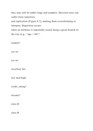 they may still be rather large and complex. Decision trees can
suffer from repetition
and replication (Figure 8.7), making them overwhelming to
interpret. Repetition occurs
when an attribute is repeatedly tested along a given branch of
the tree (e.g., “age < 60?,”
student?
yes no
yes no
excellent fair
low med high
credit_rating?
income?
class B
class B
 