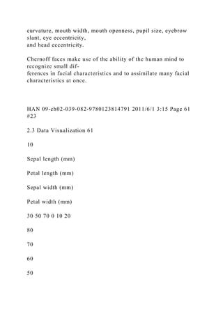 curvature, mouth width, mouth openness, pupil size, eyebrow
slant, eye eccentricity,
and head eccentricity.
Chernoff faces make use of the ability of the human mind to
recognize small dif-
ferences in facial characteristics and to assimilate many facial
characteristics at once.
HAN 09-ch02-039-082-9780123814791 2011/6/1 3:15 Page 61
#23
2.3 Data Visualization 61
10
Sepal length (mm)
Petal length (mm)
Sepal width (mm)
Petal width (mm)
30 50 70 0 10 20
80
70
60
50
 