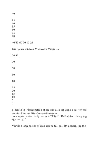 40
45
40
35
30
25
20
40 50 60 70 80 20
Iris Species Setosa Versicolor Virginica
30 40
70
50
30
10
25
20
15
10
5
0
Figure 2.15 Visualization of the Iris data set using a scatter-plot
matrix. Source: http://support.sas.com/
documentation/cdl/en/grstatproc/61948/HTML/default/images/g
sgscmat.gif .
Viewing large tables of data can be tedious. By condensing the
 