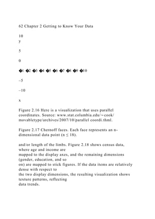 62 Chapter 2 Getting to Know Your Data
10
y
5
0
�1 �2 �3 �4 �5 �6 �7 �8 �9 �10
–5
–10
x
Figure 2.16 Here is a visualization that uses parallel
coordinates. Source: www.stat.columbia.edu/∼cook/
movabletype/archives/2007/10/parallel coordi.thml.
Figure 2.17 Chernoff faces. Each face represents an n-
dimensional data point (n ≤ 18).
and/or length of the limbs. Figure 2.18 shows census data,
where age and income are
mapped to the display axes, and the remaining dimensions
(gender, education, and so
on) are mapped to stick figures. If the data items are relatively
dense with respect to
the two display dimensions, the resulting visualization shows
texture patterns, reflecting
data trends.
 