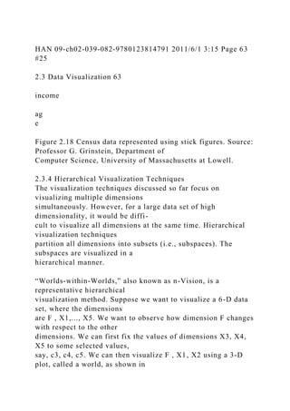 HAN 09-ch02-039-082-9780123814791 2011/6/1 3:15 Page 63
#25
2.3 Data Visualization 63
income
ag
e
Figure 2.18 Census data represented using stick figures. Source:
Professor G. Grinstein, Department of
Computer Science, University of Massachusetts at Lowell.
2.3.4 Hierarchical Visualization Techniques
The visualization techniques discussed so far focus on
visualizing multiple dimensions
simultaneously. However, for a large data set of high
dimensionality, it would be diffi-
cult to visualize all dimensions at the same time. Hierarchical
visualization techniques
partition all dimensions into subsets (i.e., subspaces). The
subspaces are visualized in a
hierarchical manner.
“Worlds-within-Worlds,” also known as n-Vision, is a
representative hierarchical
visualization method. Suppose we want to visualize a 6-D data
set, where the dimensions
are F , X1,..., X5. We want to observe how dimension F changes
with respect to the other
dimensions. We can first fix the values of dimensions X3, X4,
X5 to some selected values,
say, c3, c4, c5. We can then visualize F , X1, X2 using a 3-D
plot, called a world, as shown in
 