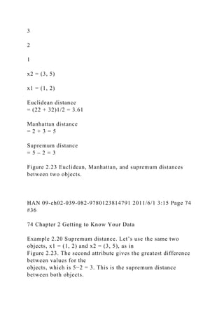 3
2
1
x2 = (3, 5)
x1 = (1, 2)
Euclidean distance
= (22 + 32)1/2 = 3.61
Manhattan distance
= 2 + 3 = 5
Supremum distance
= 5 – 2 = 3
Figure 2.23 Euclidean, Manhattan, and supremum distances
between two objects.
HAN 09-ch02-039-082-9780123814791 2011/6/1 3:15 Page 74
#36
74 Chapter 2 Getting to Know Your Data
Example 2.20 Supremum distance. Let’s use the same two
objects, x1 = (1, 2) and x2 = (3, 5), as in
Figure 2.23. The second attribute gives the greatest difference
between values for the
objects, which is 5−2 = 3. This is the supremum distance
between both objects.
 