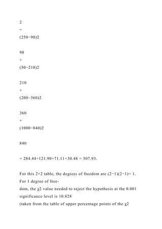2
=
(250−90)2
90
+
(50−210)2
210
+
(200−360)2
360
+
(1000−840)2
840
= 284.44+121.90+71.11+30.48 = 507.93.
For this 2×2 table, the degrees of freedom are (2−1)(2−1)= 1.
For 1 degree of free-
dom, the χ2 value needed to reject the hypothesis at the 0.001
significance level is 10.828
(taken from the table of upper percentage points of the χ2
 