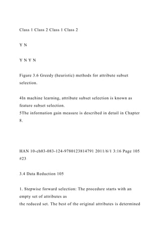 Class 1 Class 2 Class 1 Class 2
Y N
Y N Y N
Figure 3.6 Greedy (heuristic) methods for attribute subset
selection.
4In machine learning, attribute subset selection is known as
feature subset selection.
5The information gain measure is described in detail in Chapter
8.
HAN 10-ch03-083-124-9780123814791 2011/6/1 3:16 Page 105
#23
3.4 Data Reduction 105
1. Stepwise forward selection: The procedure starts with an
empty set of attributes as
the reduced set. The best of the original attributes is determined
 