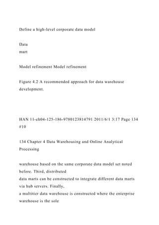 Define a high-level corporate data model
Data
mart
Model refinement Model refinement
Figure 4.2 A recommended approach for data warehouse
development.
HAN 11-ch04-125-186-9780123814791 2011/6/1 3:17 Page 134
#10
134 Chapter 4 Data Warehousing and Online Analytical
Processing
warehouse based on the same corporate data model set noted
before. Third, distributed
data marts can be constructed to integrate different data marts
via hub servers. Finally,
a multitier data warehouse is constructed where the enterprise
warehouse is the sole
 