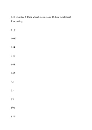 138 Chapter 4 Data Warehousing and Online Analytical
Processing
818
1087
854
746
968
882
43
38
89
591
872
 