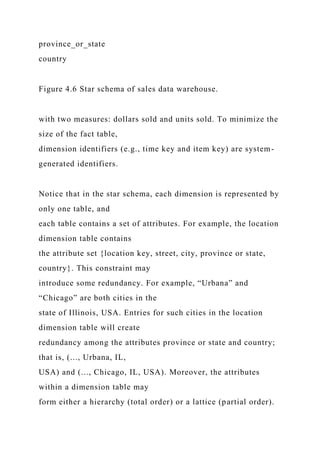 province_or_state
country
Figure 4.6 Star schema of sales data warehouse.
with two measures: dollars sold and units sold. To minimize the
size of the fact table,
dimension identifiers (e.g., time key and item key) are system-
generated identifiers.
Notice that in the star schema, each dimension is represented by
only one table, and
each table contains a set of attributes. For example, the location
dimension table contains
the attribute set {location key, street, city, province or state,
country}. This constraint may
introduce some redundancy. For example, “Urbana” and
“Chicago” are both cities in the
state of Illinois, USA. Entries for such cities in the location
dimension table will create
redundancy among the attributes province or state and country;
that is, (..., Urbana, IL,
USA) and (..., Chicago, IL, USA). Moreover, the attributes
within a dimension table may
form either a hierarchy (total order) or a lattice (partial order).
 