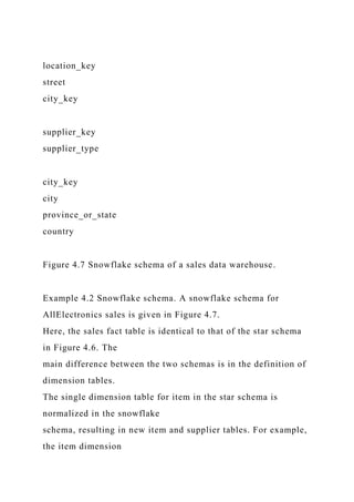 location_key
street
city_key
supplier_key
supplier_type
city_key
city
province_or_state
country
Figure 4.7 Snowflake schema of a sales data warehouse.
Example 4.2 Snowflake schema. A snowflake schema for
AllElectronics sales is given in Figure 4.7.
Here, the sales fact table is identical to that of the star schema
in Figure 4.6. The
main difference between the two schemas is in the definition of
dimension tables.
The single dimension table for item in the star schema is
normalized in the snowflake
schema, resulting in new item and supplier tables. For example,
the item dimension
 