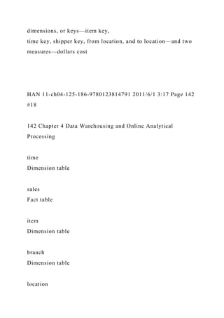dimensions, or keys—item key,
time key, shipper key, from location, and to location—and two
measures—dollars cost
HAN 11-ch04-125-186-9780123814791 2011/6/1 3:17 Page 142
#18
142 Chapter 4 Data Warehousing and Online Analytical
Processing
time
Dimension table
sales
Fact table
item
Dimension table
branch
Dimension table
location
 