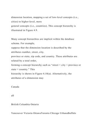 dimension location, mapping a set of low-level concepts (i.e.,
cities) to higher-level, more
general concepts (i.e., countries). This concept hierarchy is
illustrated in Figure 4.9.
Many concept hierarchies are implicit within the database
schema. For example,
suppose that the dimension location is described by the
attributes number, street, city,
province or state, zip code, and country. These attributes are
related by a total order,
forming a concept hierarchy such as “street < city < province or
state < country.” This
hierarchy is shown in Figure 4.10(a). Alternatively, the
attributes of a dimension may
Canada
all
British Columbia Ontario
Vancouver Victoria OttawaToronto Chicago UrbanaBuffalo
 