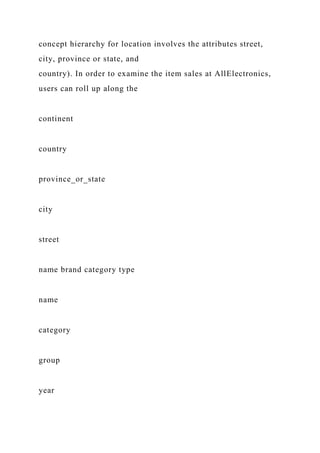 concept hierarchy for location involves the attributes street,
city, province or state, and
country). In order to examine the item sales at AllElectronics,
users can roll up along the
continent
country
province_or_state
city
street
name brand category type
name
category
group
year
 