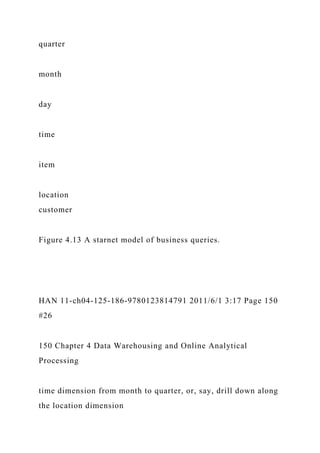 quarter
month
day
time
item
location
customer
Figure 4.13 A starnet model of business queries.
HAN 11-ch04-125-186-9780123814791 2011/6/1 3:17 Page 150
#26
150 Chapter 4 Data Warehousing and Online Analytical
Processing
time dimension from month to quarter, or, say, drill down along
the location dimension
 