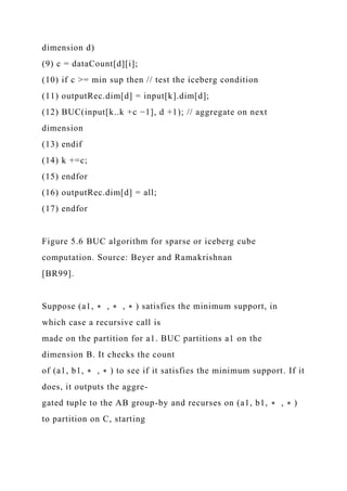dimension d)
(9) c = dataCount[d][i];
(10) if c >= min sup then // test the iceberg condition
(11) outputRec.dim[d] = input[k].dim[d];
(12) BUC(input[k..k +c −1], d +1); // aggregate on next
dimension
(13) endif
(14) k +=c;
(15) endfor
(16) outputRec.dim[d] = all;
(17) endfor
Figure 5.6 BUC algorithm for sparse or iceberg cube
computation. Source: Beyer and Ramakrishnan
[BR99].
Suppose (a1, ∗ , ∗ , ∗ ) satisfies the minimum support, in
which case a recursive call is
made on the partition for a1. BUC partitions a1 on the
dimension B. It checks the count
of (a1, b1, ∗ , ∗ ) to see if it satisfies the minimum support. If it
does, it outputs the aggre-
gated tuple to the AB group-by and recurses on (a1, b1, ∗ , ∗ )
to partition on C, starting
 