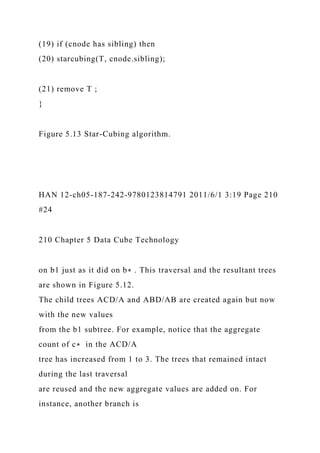 (19) if (cnode has sibling) then
(20) starcubing(T, cnode.sibling);
(21) remove T ;
}
Figure 5.13 Star-Cubing algorithm.
HAN 12-ch05-187-242-9780123814791 2011/6/1 3:19 Page 210
#24
210 Chapter 5 Data Cube Technology
on b1 just as it did on b∗ . This traversal and the resultant trees
are shown in Figure 5.12.
The child trees ACD/A and ABD/AB are created again but now
with the new values
from the b1 subtree. For example, notice that the aggregate
count of c∗ in the ACD/A
tree has increased from 1 to 3. The trees that remained intact
during the last traversal
are reused and the new aggregate values are added on. For
instance, another branch is
 