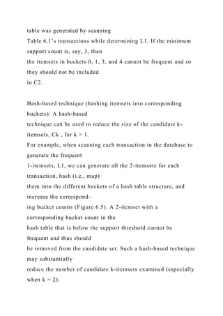 table was generated by scanning
Table 6.1’s transactions while determining L1. If the minimum
support count is, say, 3, then
the itemsets in buckets 0, 1, 3, and 4 cannot be frequent and so
they should not be included
in C2.
Hash-based technique (hashing itemsets into corresponding
buckets): A hash-based
technique can be used to reduce the size of the candidate k-
itemsets, Ck , for k > 1.
For example, when scanning each transaction in the database to
generate the frequent
1-itemsets, L1, we can generate all the 2-itemsets for each
transaction, hash (i.e., map)
them into the different buckets of a hash table structure, and
increase the correspond-
ing bucket counts (Figure 6.5). A 2-itemset with a
corresponding bucket count in the
hash table that is below the support threshold cannot be
frequent and thus should
be removed from the candidate set. Such a hash-based technique
may substantially
reduce the number of candidate k-itemsets examined (especially
when k = 2).
 