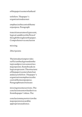 ofthepaperissomewhathard
tofollow.Thepaper’s
organizationdoesnot
emphasizethecentraltheme
orpurpose.Paragraph
transitionsaremostlypresent,
logical,anddirecttheflowof
thoughtthroughoutthepaper.
Comprehensiveconclusion
missing.
20to1points
Theintroductionprovides
sufficientbackgroundonthe
topicandpreviewsoneortwo
majorpoints.Somebreaksin
logicarepresent.Thestructure
ofthepaperissomewhatclear
andeasytofollow.Thepaper’s
organizationemphasizesthe
centralthemeorpurpose.
Paragraphtransitionsare
missingonsomesections.The
conclusionsomewhatderives
fromthepaper’sideas.The
conclusionmaynotreviewthe
majorpointstowardthe
appropriateaudience.
 