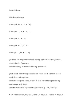 Correlations
TID items bought
T100 {M, O, N, K, E, Y}
T200 {D, O, N, K, E, Y }
T300 {M, A, K, E}
T400 {M, U, C, K, Y}
T500 {C, O, O, K, I, E}
(a) Find all frequent itemsets using Apriori and FP-growth,
respectively. Compare
the efficiency of the two mining processes.
(b) List all the strong association rules (with support s and
confidence c) matching
the following metarule, where X is a variable representing
customers, and itemi
denotes variables representing items (e.g., “A,” “B,”):
∀ x ∈ transaction, buys(X , item1)∧ buys(X , item2)⇒ buys(X ,
 