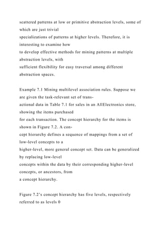 scattered patterns at low or primitive abstraction levels, some of
which are just trivial
specializations of patterns at higher levels. Therefore, it is
interesting to examine how
to develop effective methods for mining patterns at multiple
abstraction levels, with
sufficient flexibility for easy traversal among different
abstraction spaces.
Example 7.1 Mining multilevel association rules. Suppose we
are given the task-relevant set of trans-
actional data in Table 7.1 for sales in an AllElectronics store,
showing the items purchased
for each transaction. The concept hierarchy for the items is
shown in Figure 7.2. A con-
cept hierarchy defines a sequence of mappings from a set of
low-level concepts to a
higher-level, more general concept set. Data can be generalized
by replacing low-level
concepts within the data by their corresponding higher-level
concepts, or ancestors, from
a concept hierarchy.
Figure 7.2’s concept hierarchy has five levels, respectively
referred to as levels 0
 