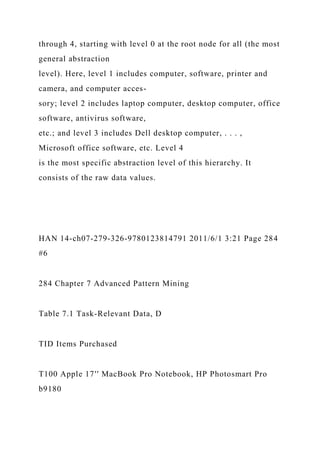 through 4, starting with level 0 at the root node for all (the most
general abstraction
level). Here, level 1 includes computer, software, printer and
camera, and computer acces-
sory; level 2 includes laptop computer, desktop computer, office
software, antivirus software,
etc.; and level 3 includes Dell desktop computer, . . . ,
Microsoft office software, etc. Level 4
is the most specific abstraction level of this hierarchy. It
consists of the raw data values.
HAN 14-ch07-279-326-9780123814791 2011/6/1 3:21 Page 284
#6
284 Chapter 7 Advanced Pattern Mining
Table 7.1 Task-Relevant Data, D
TID Items Purchased
T100 Apple 17′′ MacBook Pro Notebook, HP Photosmart Pro
b9180
 