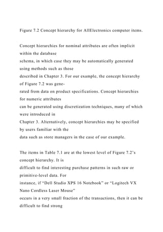 Figure 7.2 Concept hierarchy for AllElectronics computer items.
Concept hierarchies for nominal attributes are often implicit
within the database
schema, in which case they may be automatically generated
using methods such as those
described in Chapter 3. For our example, the concept hierarchy
of Figure 7.2 was gene-
rated from data on product specifications. Concept hierarchies
for numeric attributes
can be generated using discretization techniques, many of which
were introduced in
Chapter 3. Alternatively, concept hierarchies may be specified
by users familiar with the
data such as store managers in the case of our example.
The items in Table 7.1 are at the lowest level of Figure 7.2’s
concept hierarchy. It is
difficult to find interesting purchase patterns in such raw or
primitive-level data. For
instance, if “Dell Studio XPS 16 Notebook” or “Logitech VX
Nano Cordless Laser Mouse”
occurs in a very small fraction of the transactions, then it can be
difficult to find strong
 