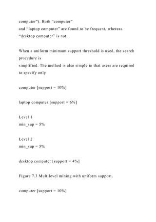 computer”). Both “computer”
and “laptop computer” are found to be frequent, whereas
“desktop computer” is not.
When a uniform minimum support threshold is used, the search
procedure is
simplified. The method is also simple in that users are required
to specify only
computer [support = 10%]
laptop computer [support = 6%]
Level 1
min_sup = 5%
Level 2
min_sup = 5%
desktop computer [support = 4%]
Figure 7.3 Multilevel mining with uniform support.
computer [support = 10%]
 