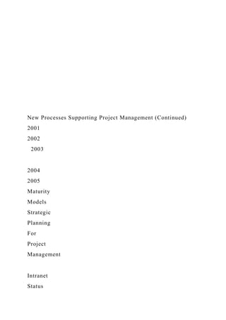New Processes Supporting Project Management (Continued)
2001
2002
2003
2004
2005
Maturity
Models
Strategic
Planning
For
Project
Management
Intranet
Status
 