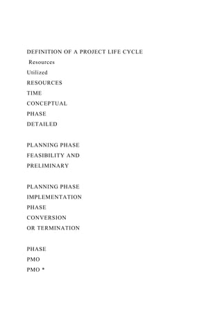 DEFINITION OF A PROJECT LIFE CYCLE
Resources
Utilized
RESOURCES
TIME
CONCEPTUAL
PHASE
DETAILED
PLANNING PHASE
FEASIBILITY AND
PRELIMINARY
PLANNING PHASE
IMPLEMENTATION
PHASE
CONVERSION
OR TERMINATION
PHASE
PMO
PMO *
 
