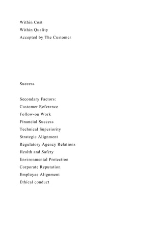 Within Cost
Within Quality
Accepted by The Customer
Success
Secondary Factors:
Customer Reference
Follow-on Work
Financial Success
Technical Superiority
Strategic Alignment
Regulatory Agency Relations
Health and Safety
Environmental Protection
Corporate Reputation
Employee Alignment
Ethical conduct
 