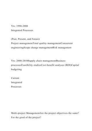 Yrs: 1990-2000
Integrated Processes
(Past, Present, and Future)
Project managementTotal quality managementConcurrent
engineeringScope change managementRisk management
Yrs: 2000-2010Supply chain managementBusiness
processesFeasibility studiesCost-benefit analyses (ROI)Capital
budgeting
Current
Integrated
Processes
Multi-project ManagementAre the project objectives the same?
For the good of the project?
 