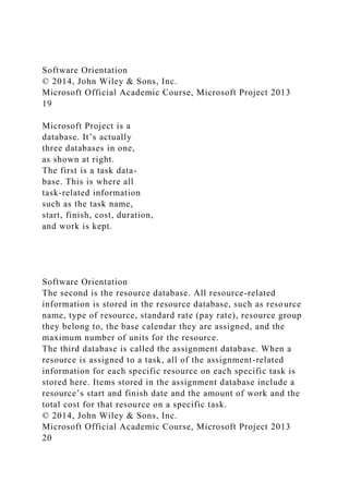 Software Orientation
© 2014, John Wiley & Sons, Inc.
Microsoft Official Academic Course, Microsoft Project 2013
19
Microsoft Project is a
database. It’s actually
three databases in one,
as shown at right.
The first is a task data-
base. This is where all
task-related information
such as the task name,
start, finish, cost, duration,
and work is kept.
Software Orientation
The second is the resource database. All resource-related
information is stored in the resource database, such as resource
name, type of resource, standard rate (pay rate), resource group
they belong to, the base calendar they are assigned, and the
maximum number of units for the resource.
The third database is called the assignment database. When a
resource is assigned to a task, all of the assignment-related
information for each specific resource on each specific task is
stored here. Items stored in the assignment database include a
resource’s start and finish date and the amount of work and the
total cost for that resource on a specific task.
© 2014, John Wiley & Sons, Inc.
Microsoft Official Academic Course, Microsoft Project 2013
20
 