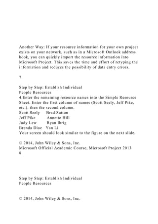 Another Way: If your resource information for your own project
exists on your network, such as in a Microsoft Outlook address
book, you can quickly import the resource information into
Microsoft Project. This saves the time and effort of retyping the
information and reduces the possibility of data entry errors.
7
Step by Step: Establish Individual
People Resources
4.Enter the remaining resource names into the Simple Resource
Sheet. Enter the first column of names (Scott Seely, Jeff Pike,
etc.), then the second column.
Scott Seely Brad Sutton
Jeff Pike Annette Hill
Judy Lew Ryan Ihrig
Brenda Diaz Yan Li
Your screen should look similar to the figure on the next slide.
© 2014, John Wiley & Sons, Inc.
Microsoft Official Academic Course, Microsoft Project 2013
8
Step by Step: Establish Individual
People Resources
© 2014, John Wiley & Sons, Inc.
 