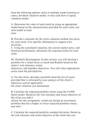 from the following options: price to multiple model (earning or
sales), dividend valuation model, or free cash flow to equity
valuation model.
A. Determine the value of each stock by using an appropriate
model based on the characteristics provided for each stock; use
each model at least
once.
B. Provide a rationale for the stock valuation method you chose
for each stock. Cite specific information to support your
decisions.
C. Using the calculated valuation, the current market price, and
historical performance, determine the expected return for each
stock.
III. Portfolio Development: In this section, you will develop a
portfolio for a client (Ezra or Jacob and Rachel) based on the
client’s risk tolerance, return
objectives, and liquidity objectives. You will select appropriate
assets from the provided list.
A. For the client, develop a portfolio from the list of assets
provided that is informed by your analysis of the client’s
objectives and (if applicable)
the stock valuation you determined.
B. Calculate the expected portfolio return using the CAPM
(beta) model. Based on the risk tolerance and return objective of
the client you didn’t
choose for this assignment, would you design an investment
portfolio that has a higher or lower expected portfolio return,
and why?
C. Calculate the expected portfolio standard deviation. Based on
the risk tolerance and return objective of the client that you
 