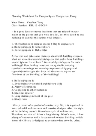 Planning Worksheet for Campus Space Comparison Essay
Your Name: Yuechun Yang
Class Section: ESL 15 -SEC18
It is a good idea to choose locations that are related to your
major or are places that you walk by a lot, but they could be any
building on campus that sparks your interest.
1. The buildings or campus spaces I plan to analyze are
a. Building/space 1: Pattee library
b. Building/space 2: Hub center
2. Go visit and take some pictures about both buildings/spaces,
what are some features/objects/spaces that make these buildings
special (please list at least 5 features/objects/spaces for each
building)? How do they construct the symbolic meaning
(symbolic meanings are meanings represented by physical
signs/objects/designs that help tell the stories, styles and
functions of the building) of the building?
a. Building/space 1:
1. Extraordinarily splendid architecture style
2. Plenty of entrances
3. Connected to other buildings
4. Spacious interior
5. Long staircase in front of the gate
6. Study room
Library is sort of a symbol of a university. So, it is supposed to
have splendid architectures and massive designs. Also, the style
of the building doesn’t fit modern style of architecture.
Therefore, we can tell it has a long history. What’s more, it has
plenty of entrances and it is connected to other building, which
means the library is designed to accommodate crowds. Also,
 